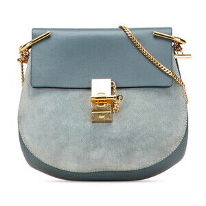 Chloe Drew Chain Shoulder Bag Blue Leather Suede